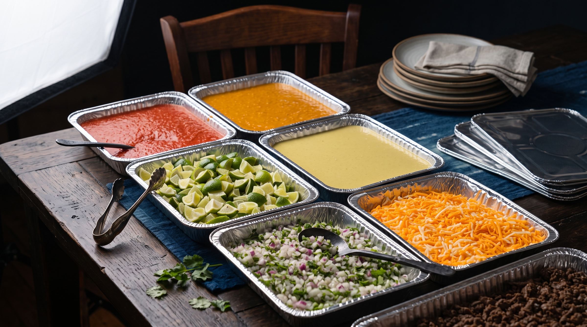 Catering setup at Mi Pueblo: foil pans of salsa, guacamole, cheese and pico de gallo with stacked plates and napkins ready to serve