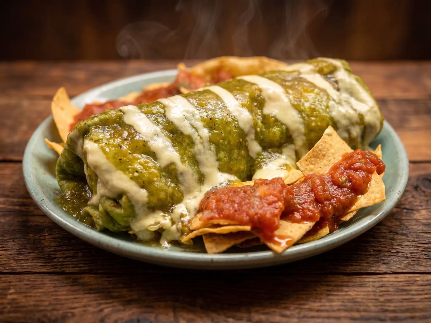Chile relleno at Mi Pueblo in downtown Santa Rosa: stuffed peppers under salsa verde and melted cheese, with tortilla chips and red salsa on the side
