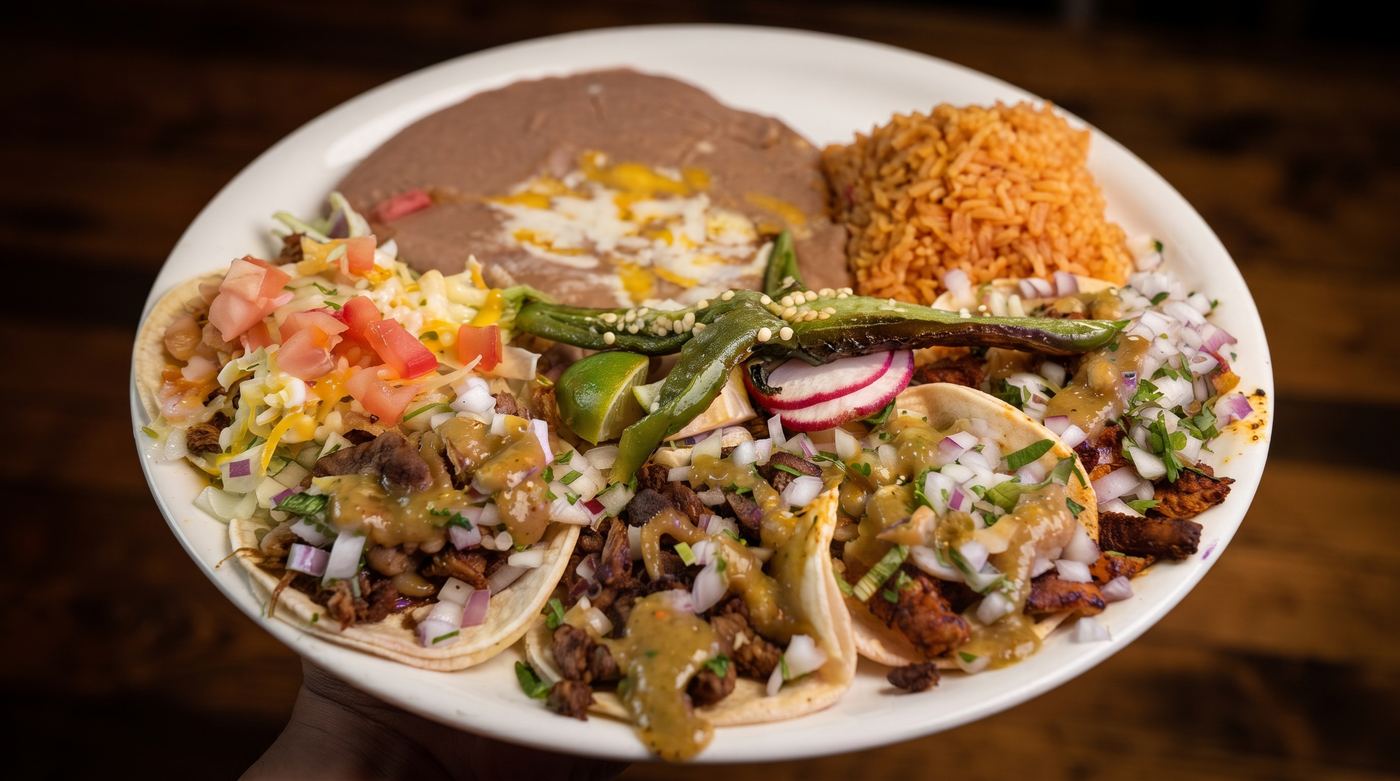El plato de Cinco Tacos de Mi Pueblo: cinco tacos de la calle con cebolla, cilantro y salsa verde, un jalapeño asado, rábano y limón, con arroz y frijoles refritos