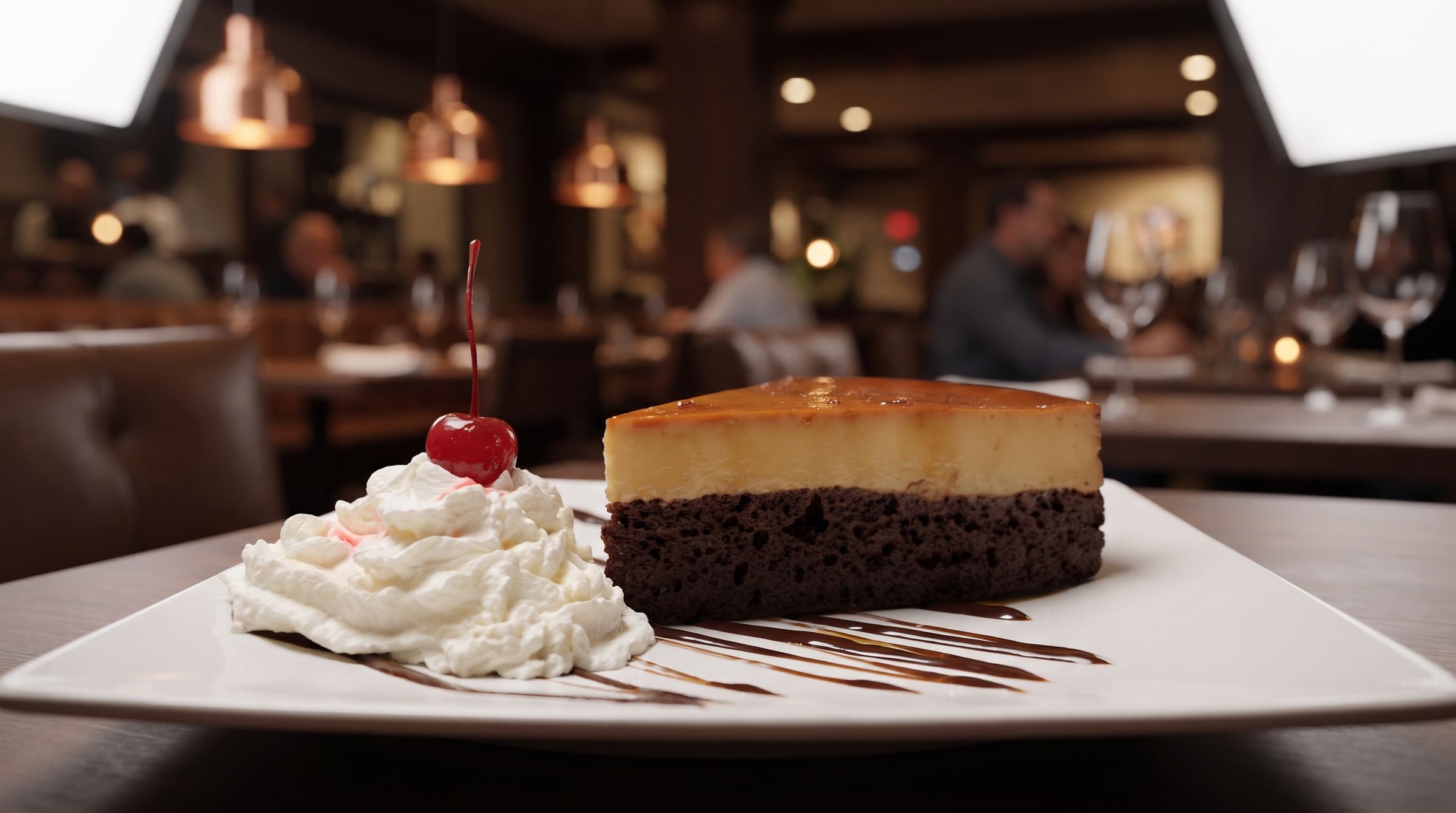 El Flan de Mi Pueblo: flan sobre pastel de chocolate con crema batida, una cereza y salsa de chocolate, servido en el comedor, centro de Santa Rosa