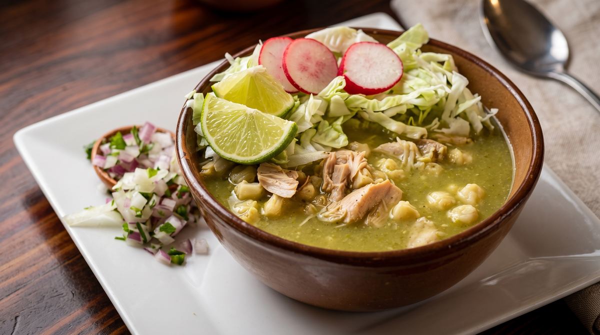 Pozole verde at Mi Pueblo: shredded chicken and hominy in a green broth with cabbage, radish and lime, and chopped onion on the side