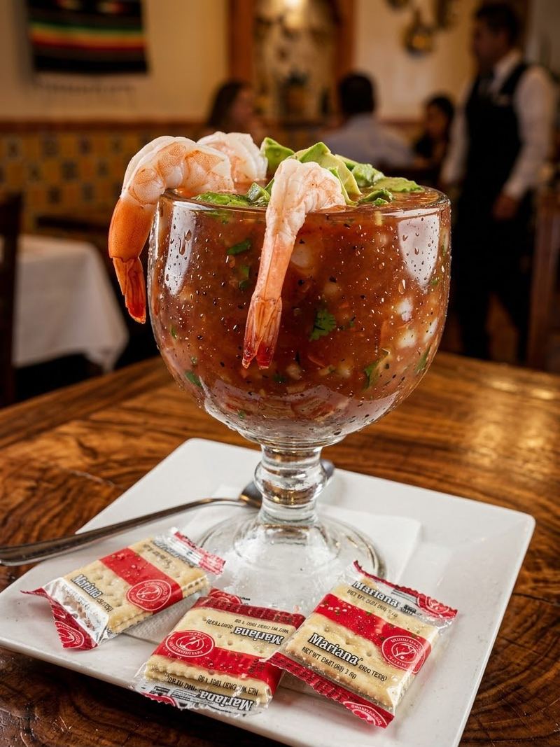 Coctel de camarón en copa alta con aguacate, cilantro y caldo de tomate, servido con galletas saladas en el comedor de Mi Pueblo
