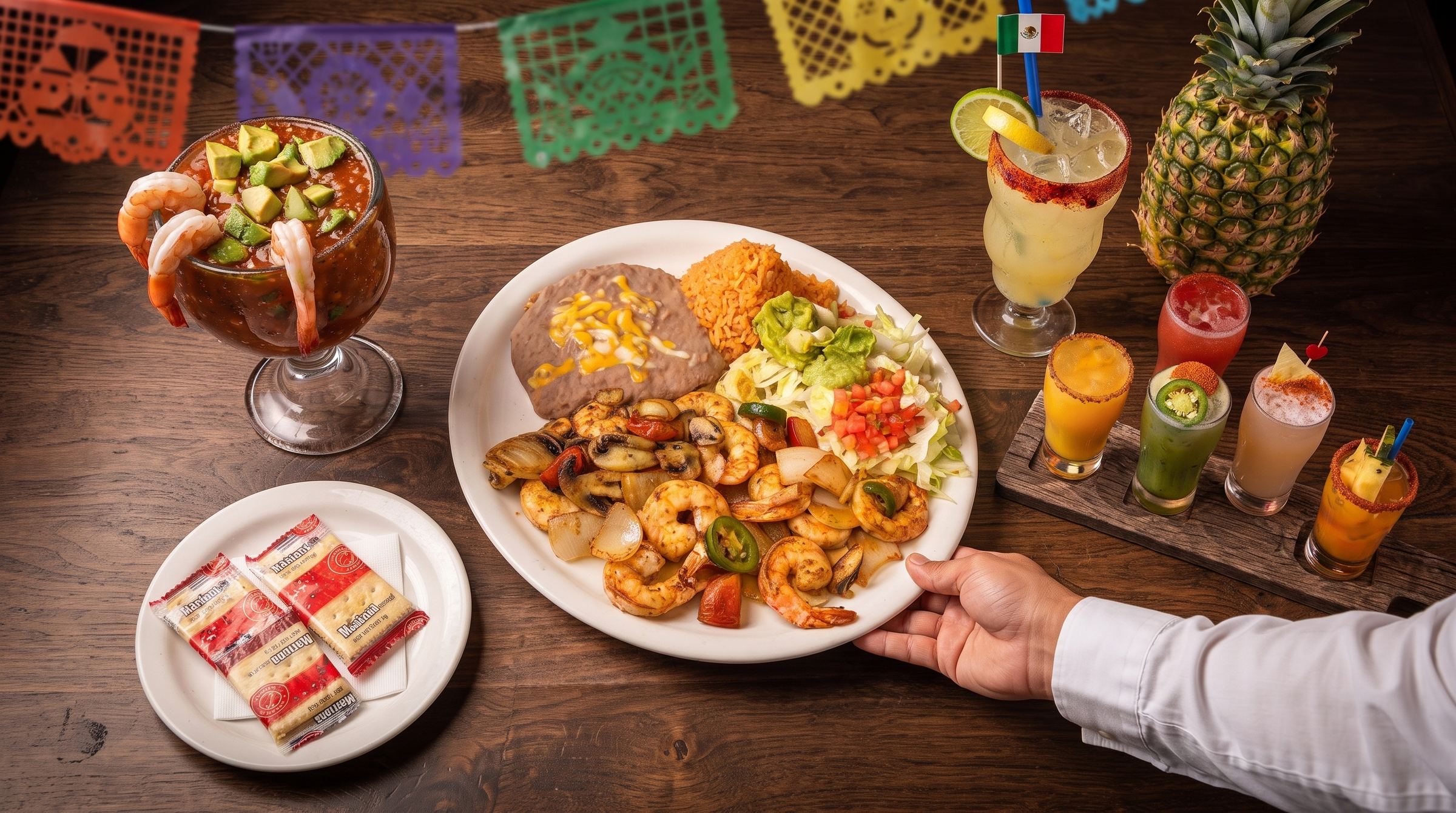 Un mesero sirviendo un plato de camarones a la plancha con pimientos, cebolla, arroz, frijoles y guacamole, junto a un coctel de camarón y margaritas en Mi Pueblo Restaurante Mexicano en el centro de Santa Rosa