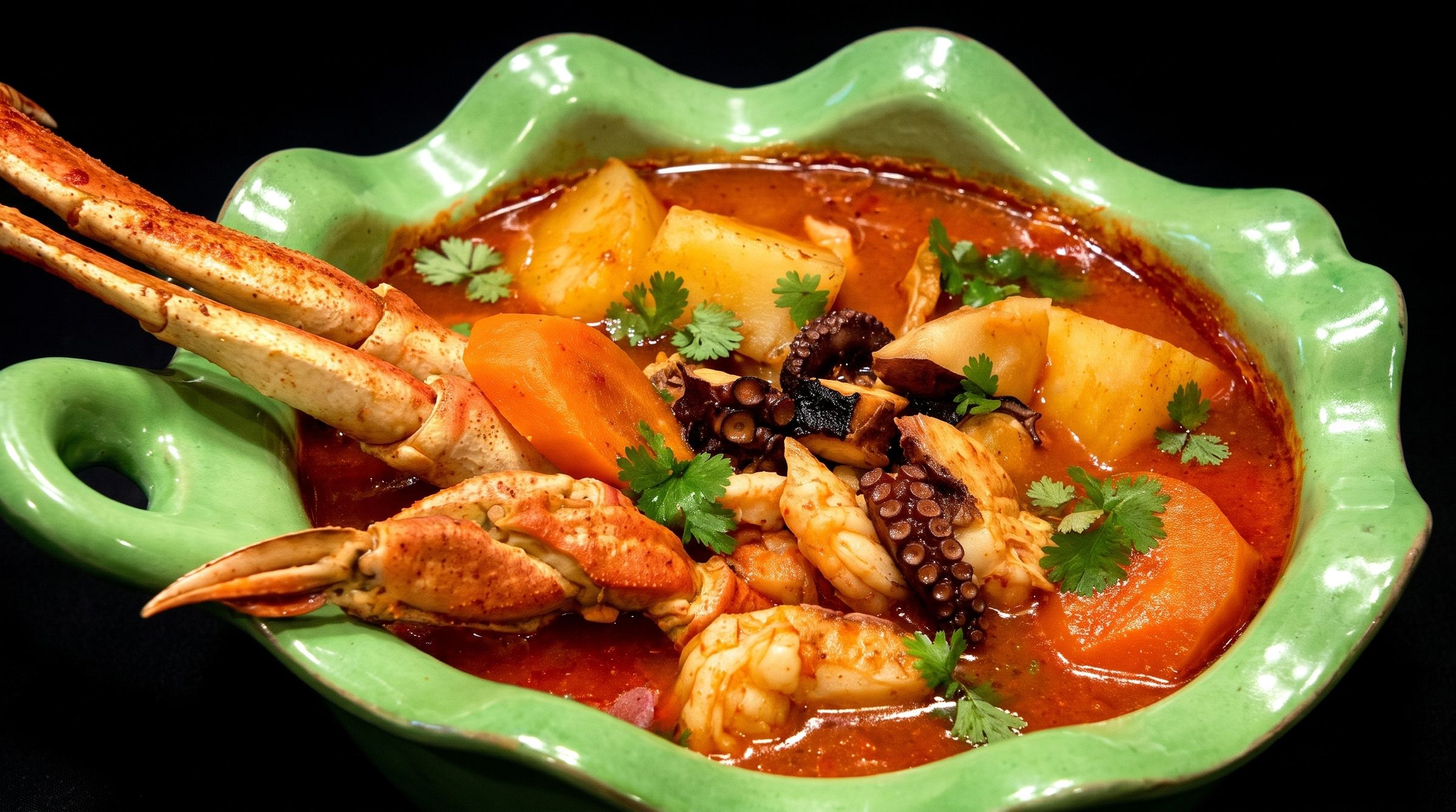 Siete Mares at Mi Pueblo: seafood soup in a green talavera bowl with crab claws, octopus, shrimp, potato and carrot