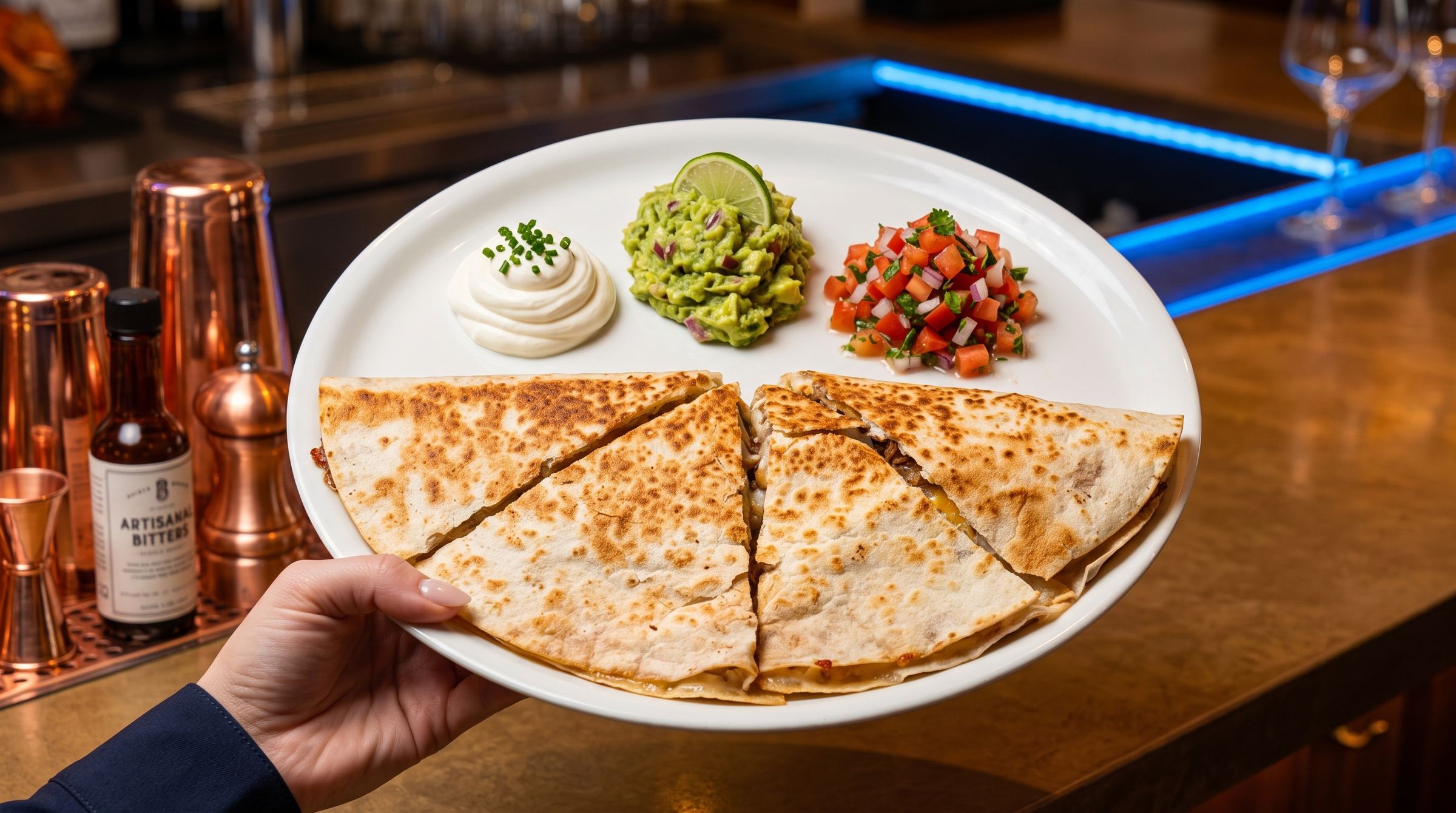 A Super Quesadilla cut into wedges with sour cream, guacamole and pico de gallo on the side, at the Mi Pueblo bar in downtown Santa Rosa