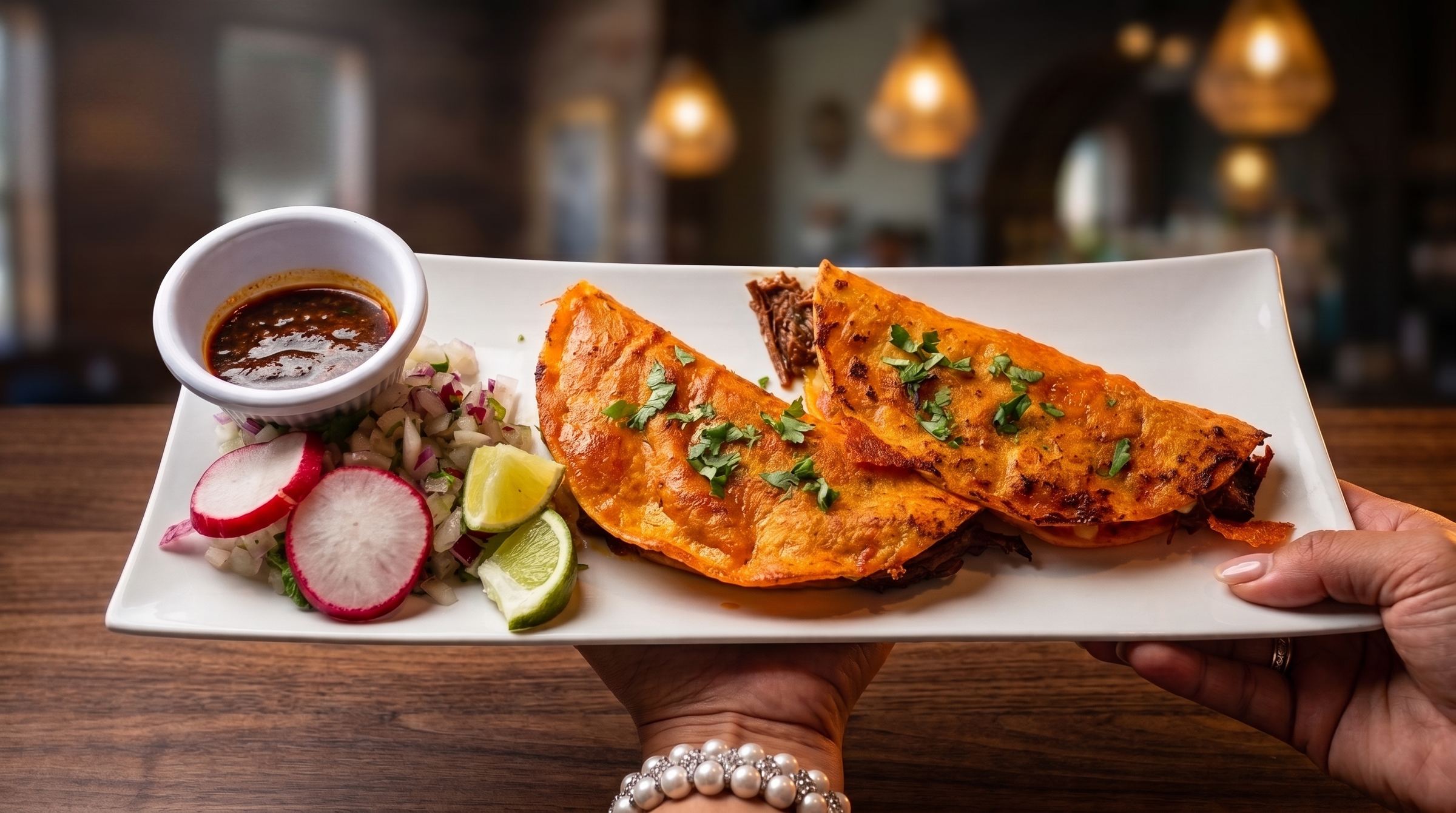 Crisp red tacos served with consommé, radish and lime on a long white plate at Mi Pueblo in downtown Santa Rosa