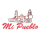 Mi Pueblo Mexican Restaurant logo featuring a historic mission-style building with red script text